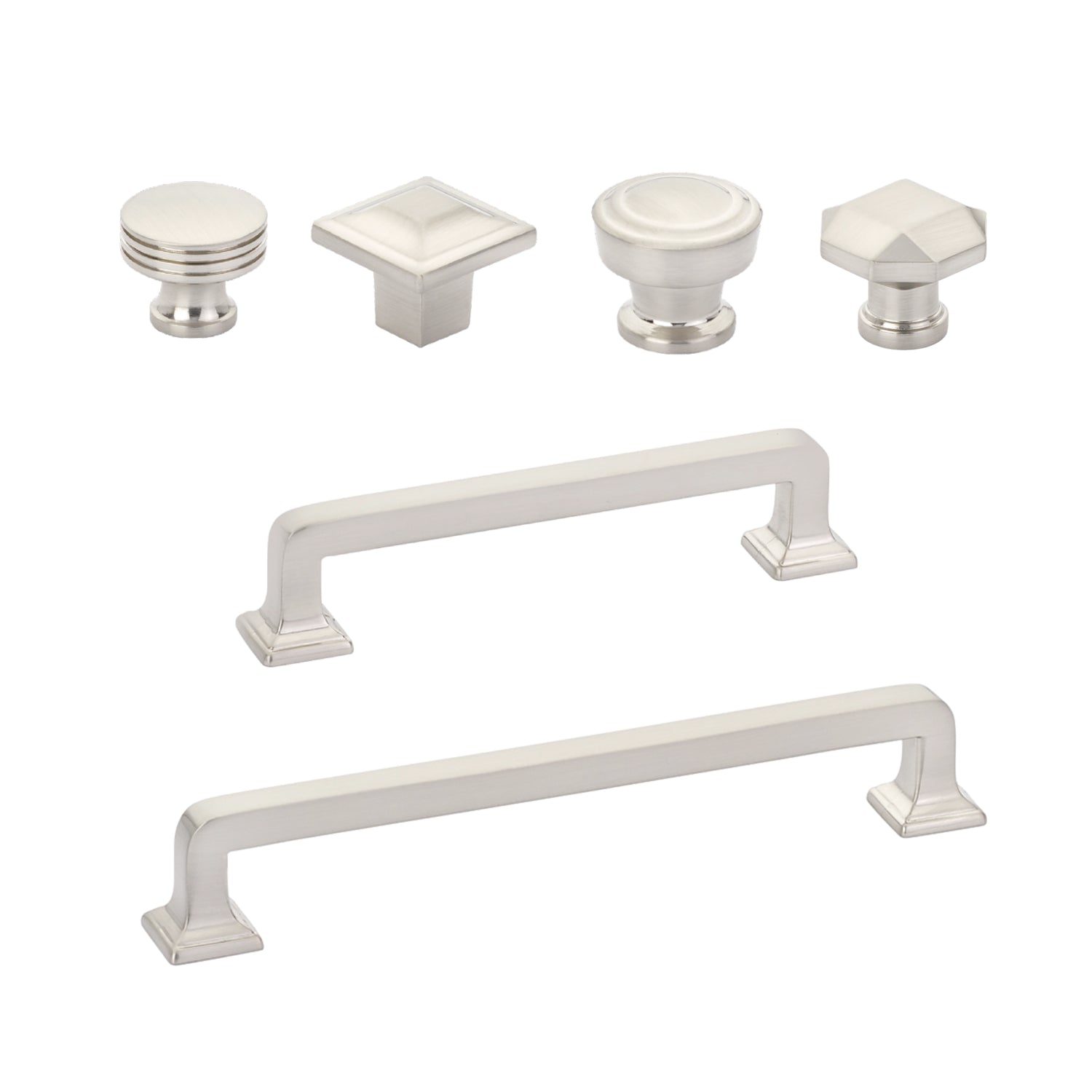 Brushed Nickel Moderna Cabinet Drawer Pulls and Cabinet Knobs