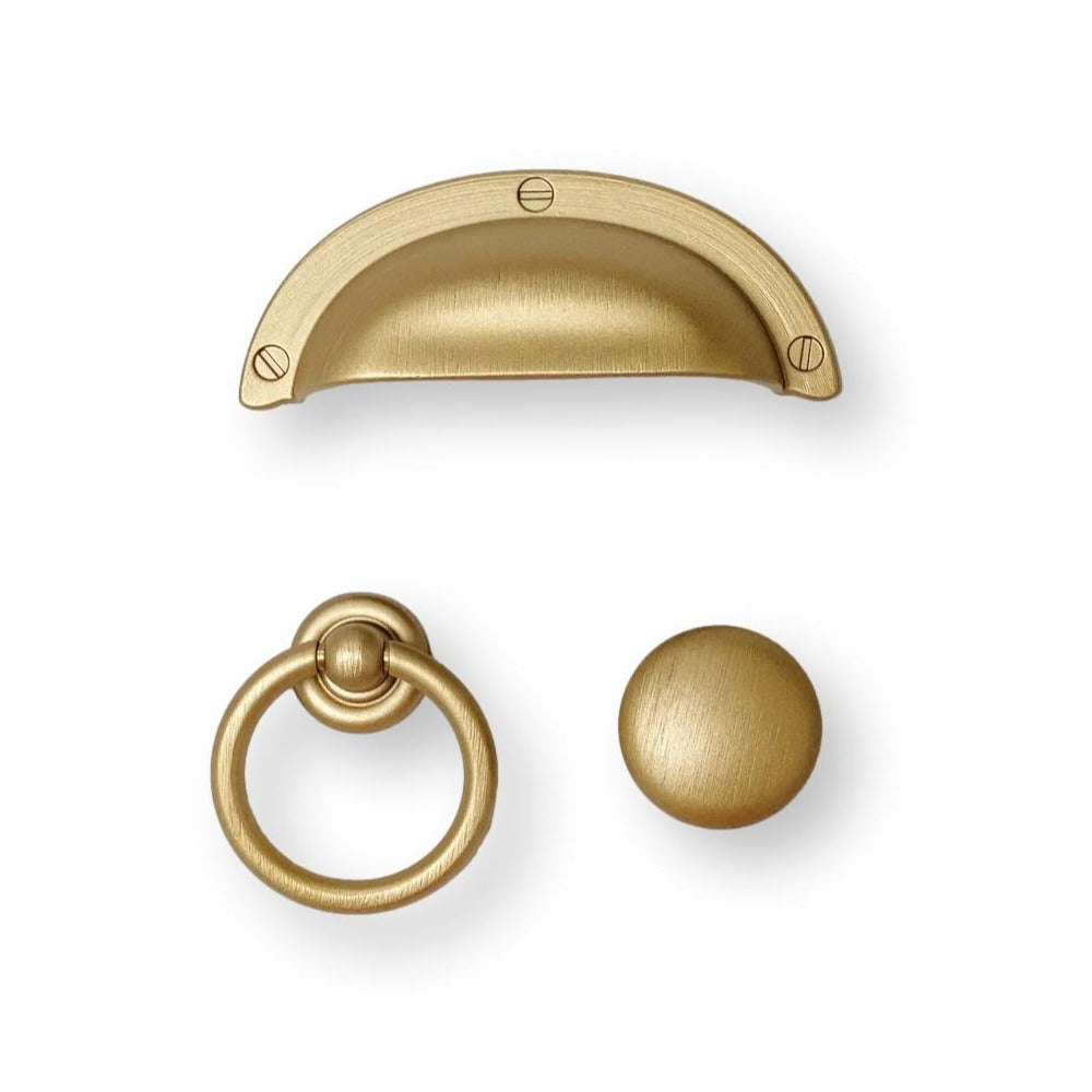 Brushed Gold Capri Cup Drawer Pull, Ring Pull or Round Cabinet Knob