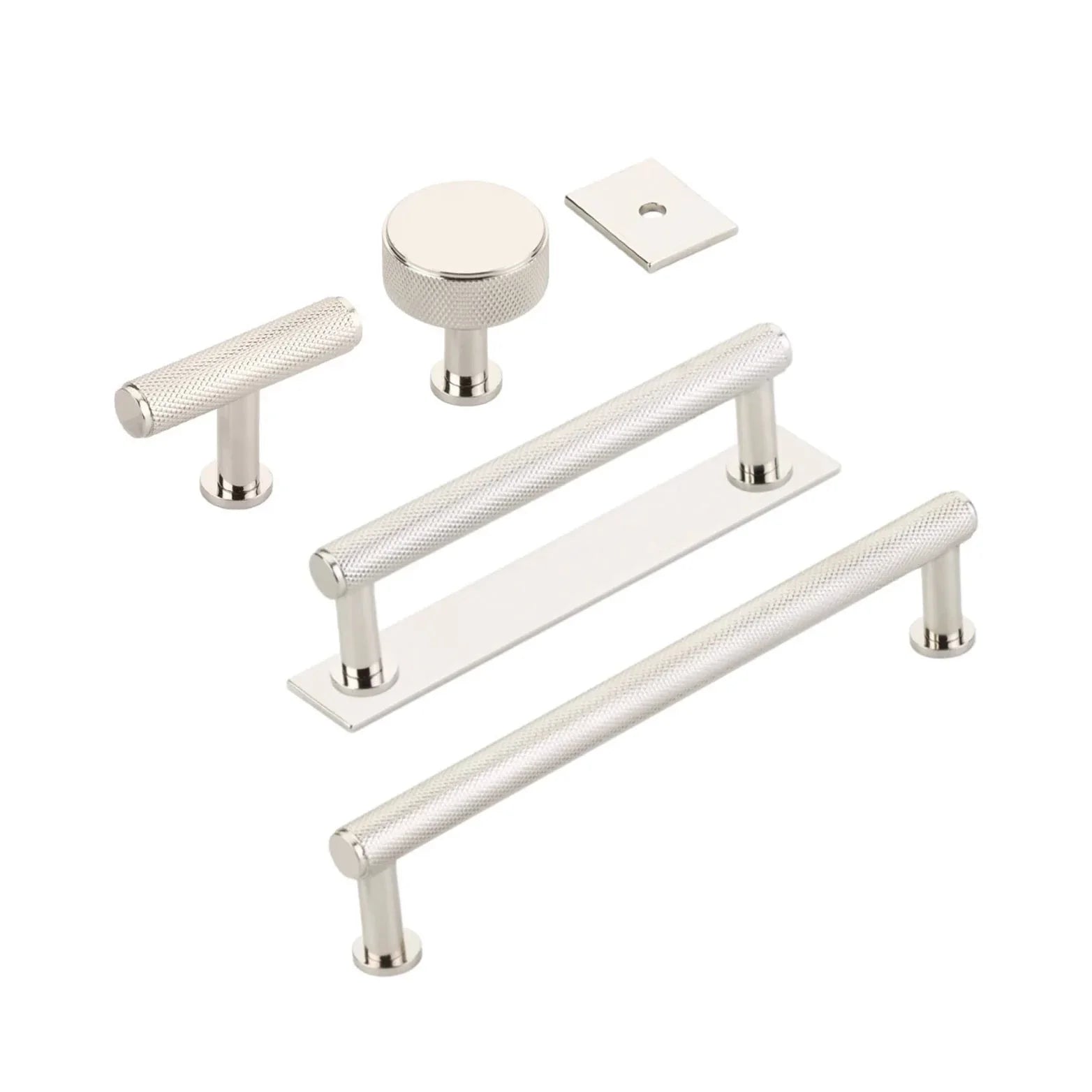 Polished Nickel Maison Knurled Drawer Pulls and Cabinet Knobs with O