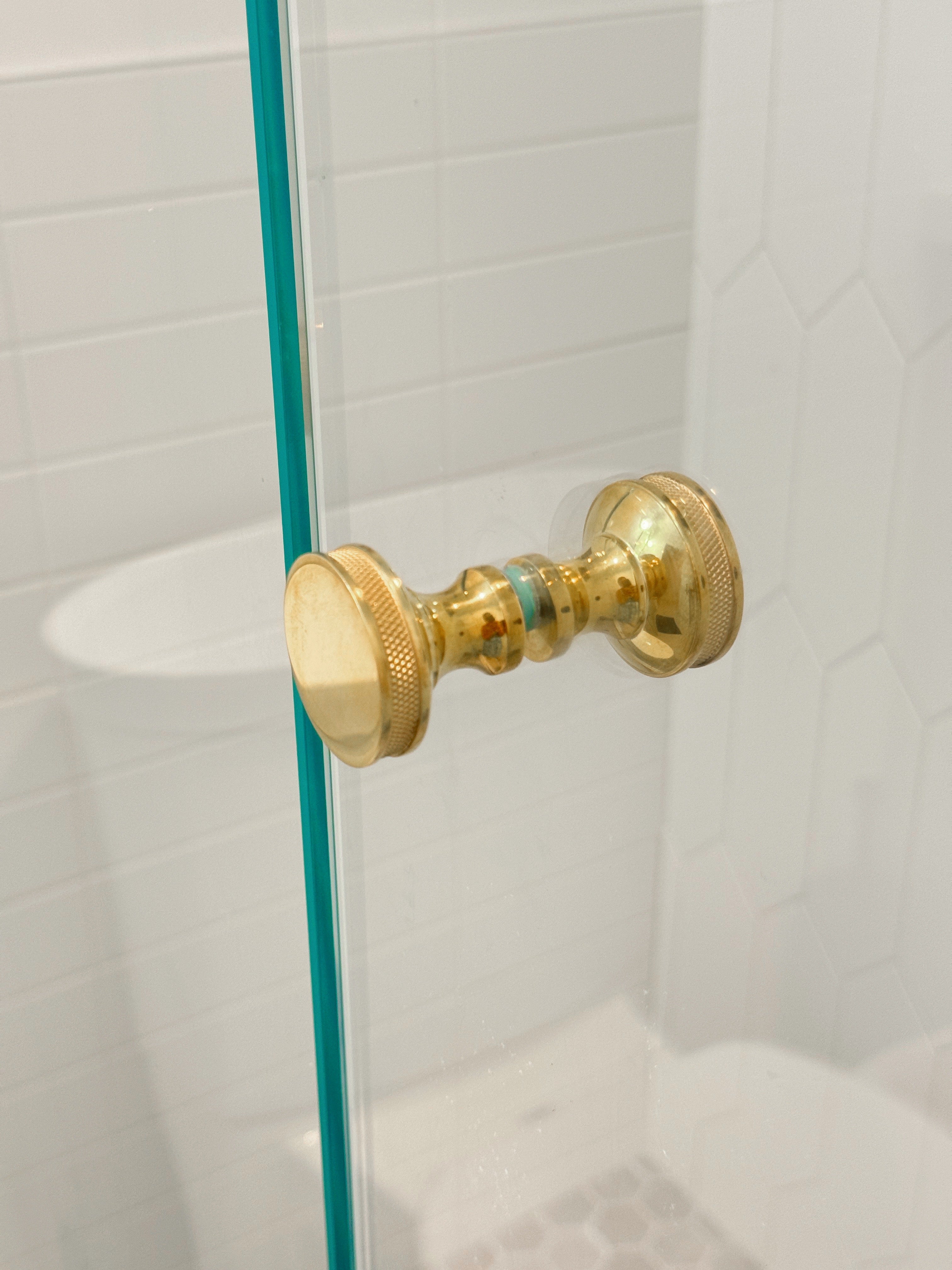 Round Unlacquered Brass "Knurled" Round Glass Shower Knob