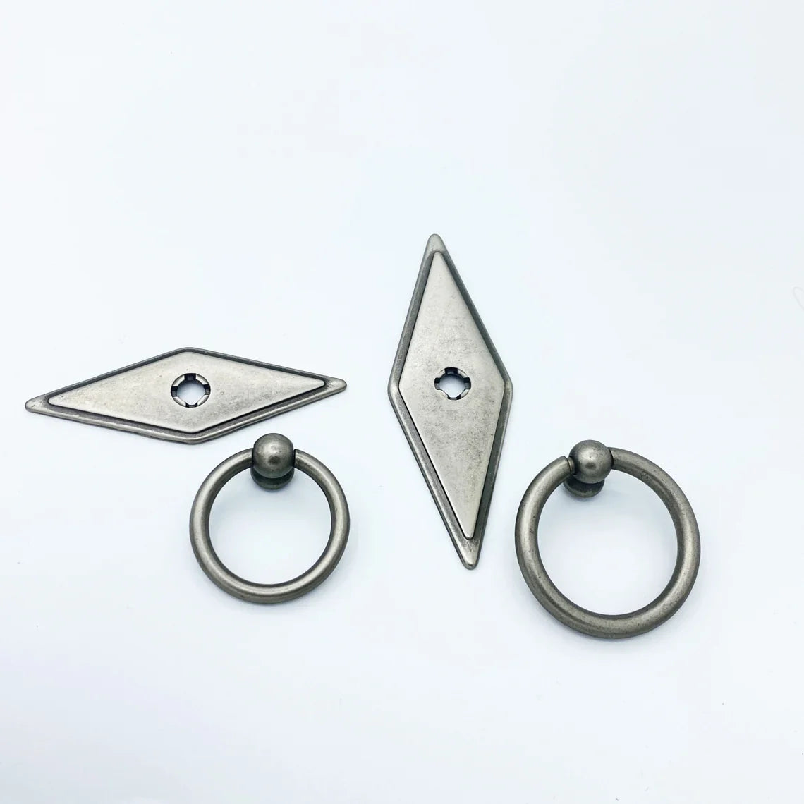 Rhombus "Ella" Antique Silver Ring Drawer Pulls with Backplate - Forge Hardware Studio