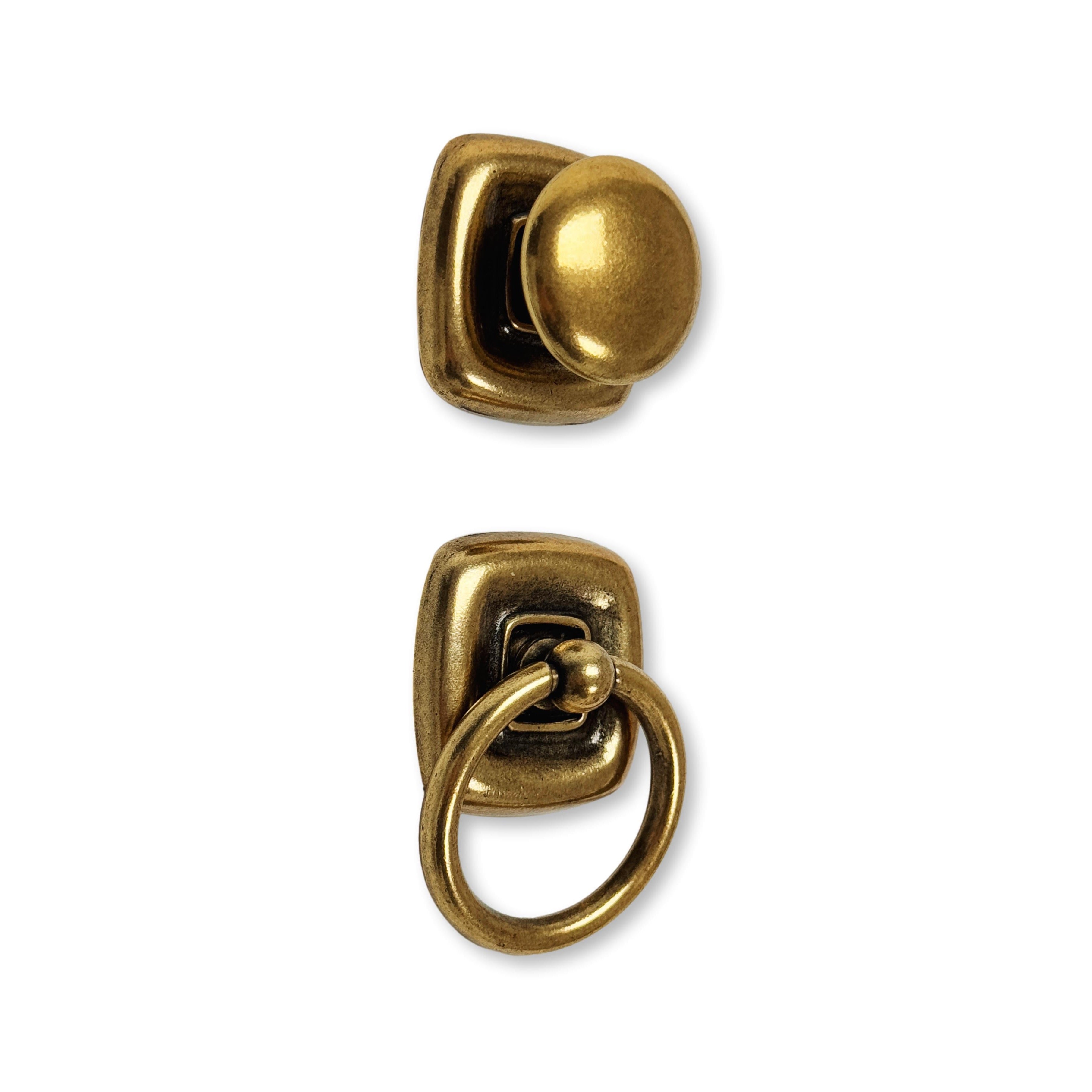 Ring Pull and Knob "Luca" Cabinet Pulls with Backplate in Antique Brass - Forge Hardware Studio